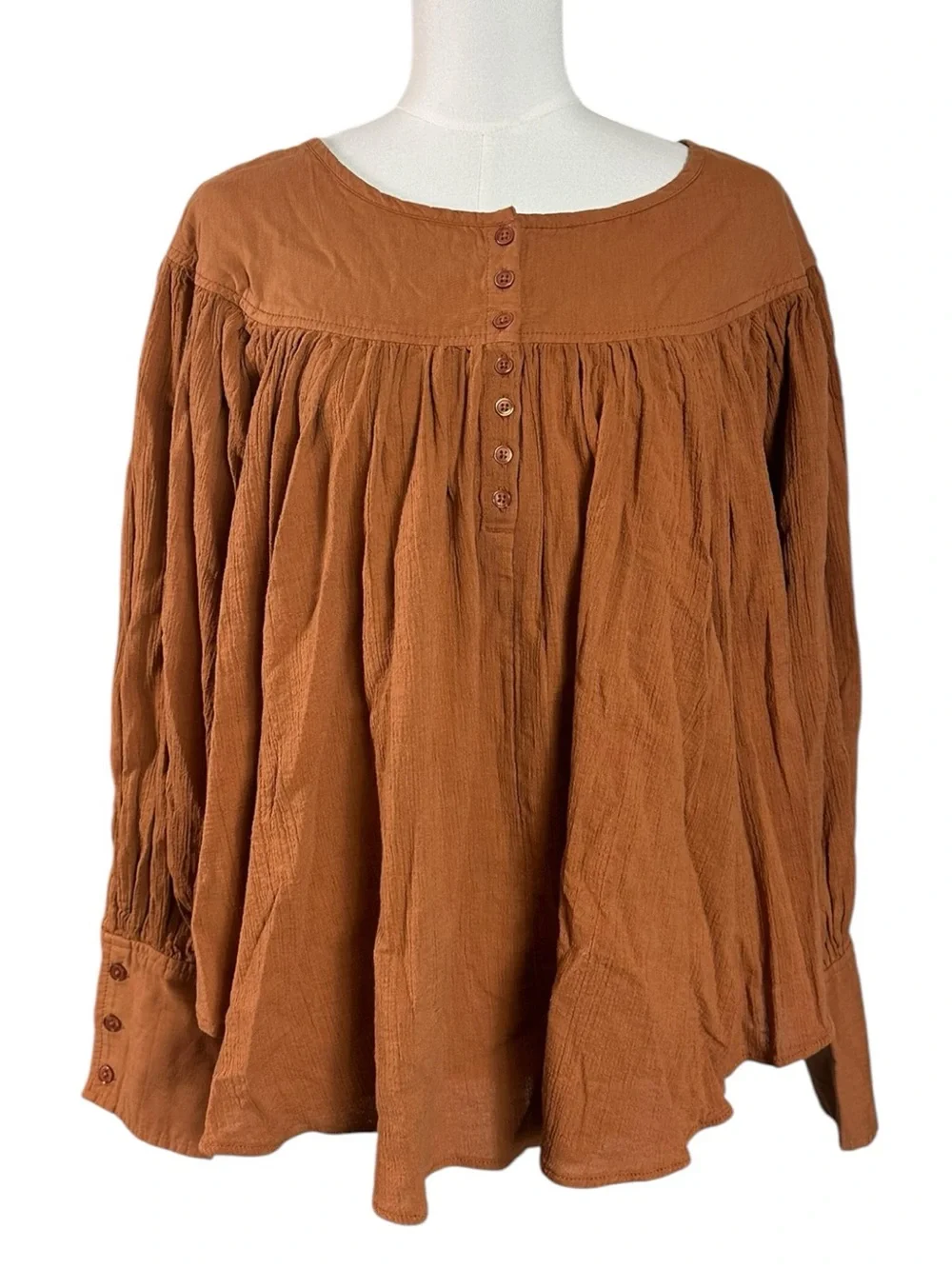 Free People Bohemian Billowy Malibu Crinkle Top Autumnal Fall Brown Size Large